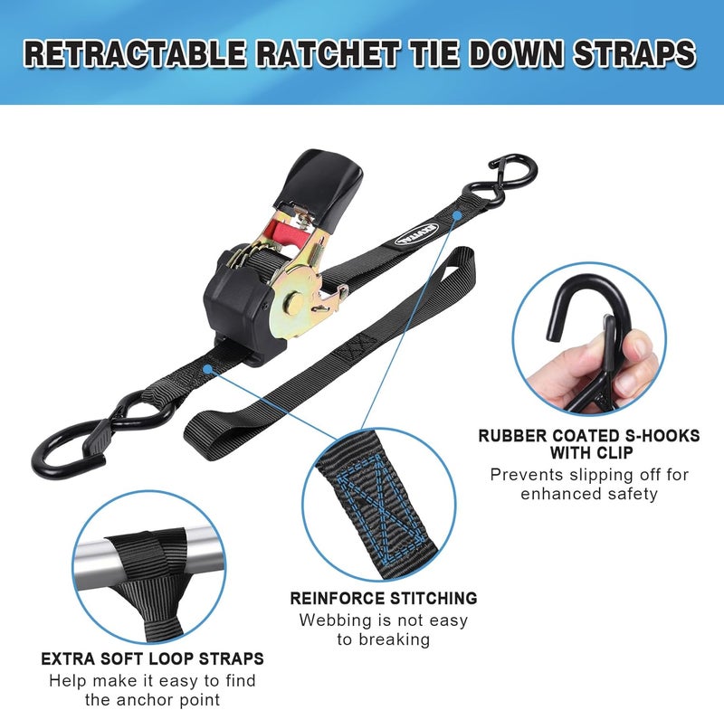 EXVITAL Retractable Ratchet Straps Havy Duty 1200lbs Break Strength Retractable tie Down Straps Auto self retracting Ratchet Straps for Truck, Cargo Trailer, Motorcycle,1“×12ft Black - Image 4